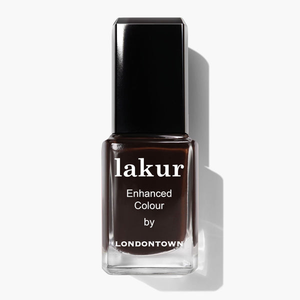 A bottle of LONDONTOWN Lakur Enhanced Colour nail polish in Midnight Mocha, a rich espresso dark brown shade, presented in a clear rectangular bottle with a black cap.