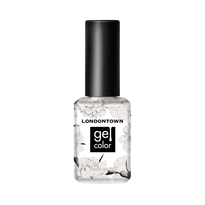 A bottle of LONDONTOWN Milk Bath gel color nail polish with a black cap and floral label, featuring a demi-sheer cream finish for an effortlessly elegant look.
