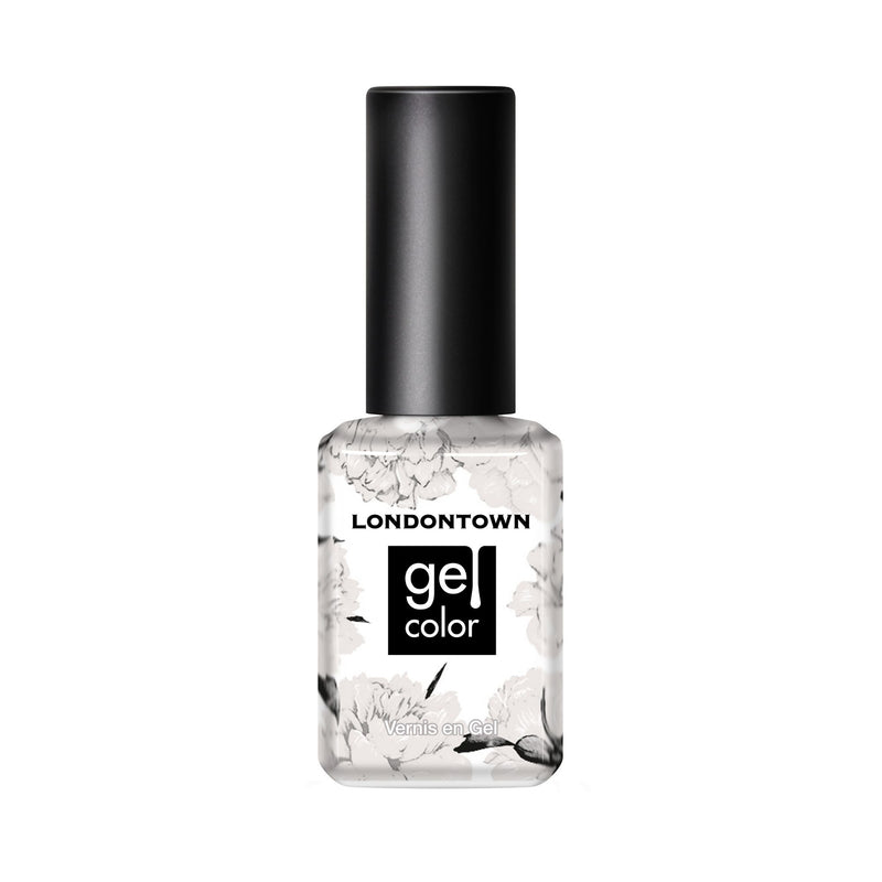 A bottle of LONDONTOWN Milk Bath gel color nail polish with a black cap and floral label, featuring a demi-sheer cream finish for an effortlessly elegant look.