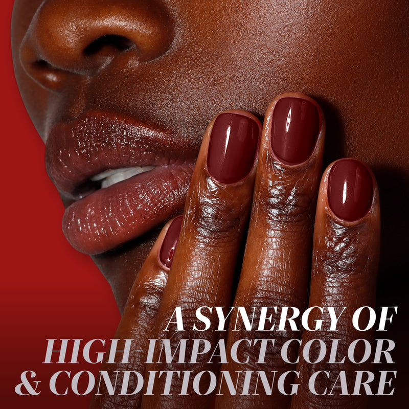 A person with dark skin displays manicured nails in LONDONTOWN’s Naughty List, a rich merlot shade, touching their lips. Text reads: "A synergy of high impact color & conditioning care.