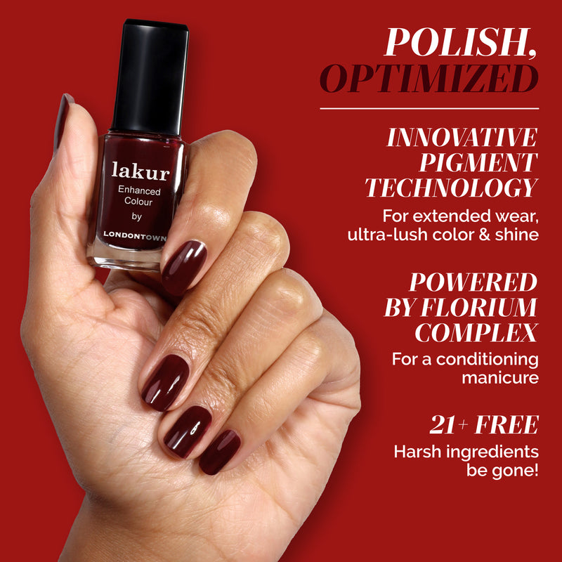 A hand with manicured maroon nails, in the shade Naughty List by LONDONTOWN, holds a bottle of polish; text highlights benefits like long wear, shine, nail conditioning, and a formula free from harsh ingredients.