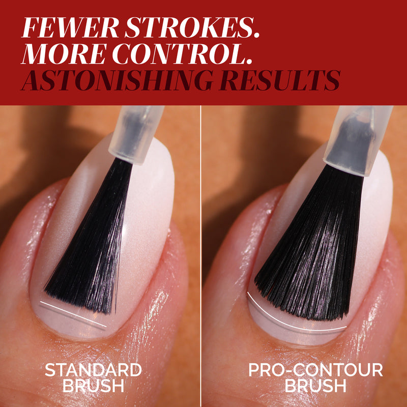 Close-up of two nails being painted—one with a standard brush, one with a pro-contour brush in LONDONTOWN’s Naughty List. Text above highlights fewer strokes, more control, and astonishing results.