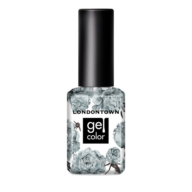 A bottle of LONDONTOWN Nice & Icy gel nail polish with a platinum sheen, black cap, and floral label design.