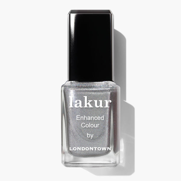A bottle of LONDONTOWN Lakur Enhanced Colour nail polish in the shade Nice & Icy, a platinum metallic silver, displayed against a white background.