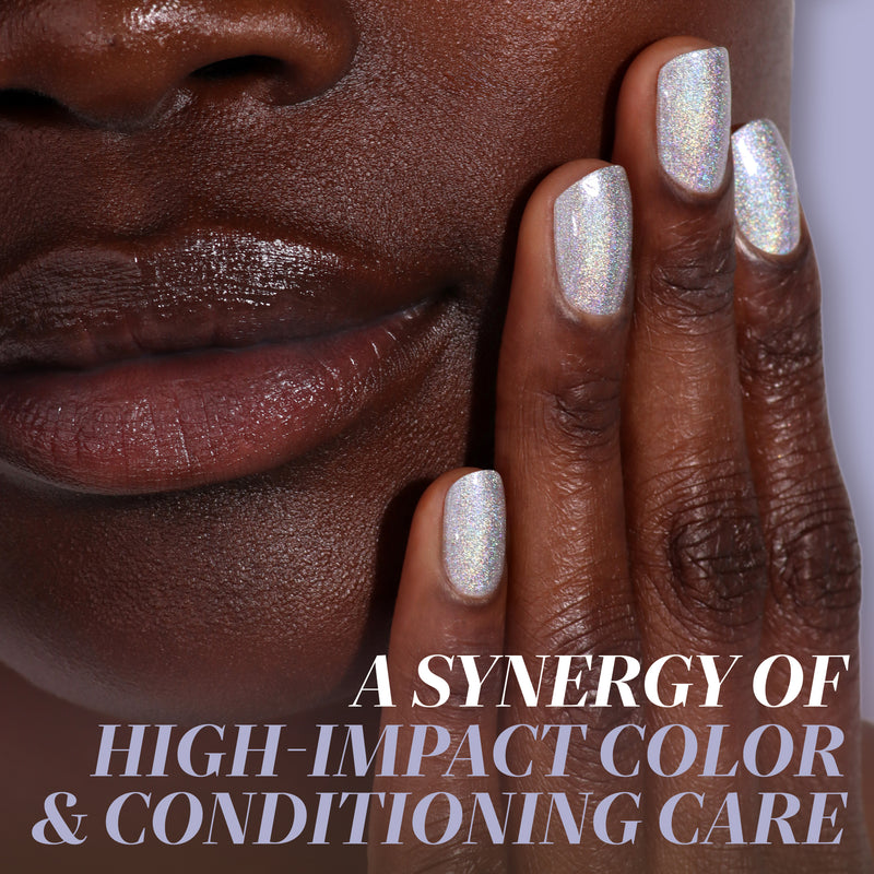 Close-up of a person’s face and hand with Nice & Icy holographic silver nail polish by LONDONTOWN, plus the text: "A synergy of high-impact color & conditioning care.