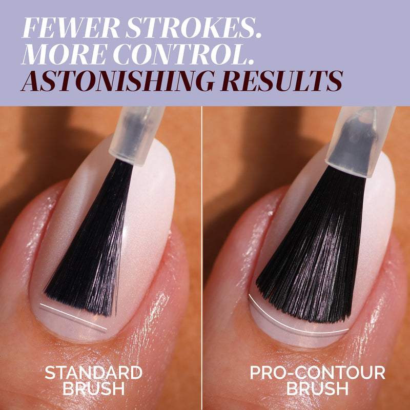 Close-up comparison of a standard brush and a platinum pro-contour brush applying LONDONTOWN's Nice & Icy nail polish, highlighting the differences in brush shape and coverage on fingernails.