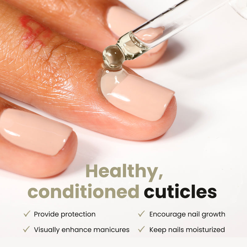 Using LONDONTOWN's Nourishing Cuticle Oil, a dropper administers oil to the cuticles of someone with polished nails, highlighting the benefits of essential cuticle care: protection, visual enhancement, encouragement of nail growth, and added moisture.
