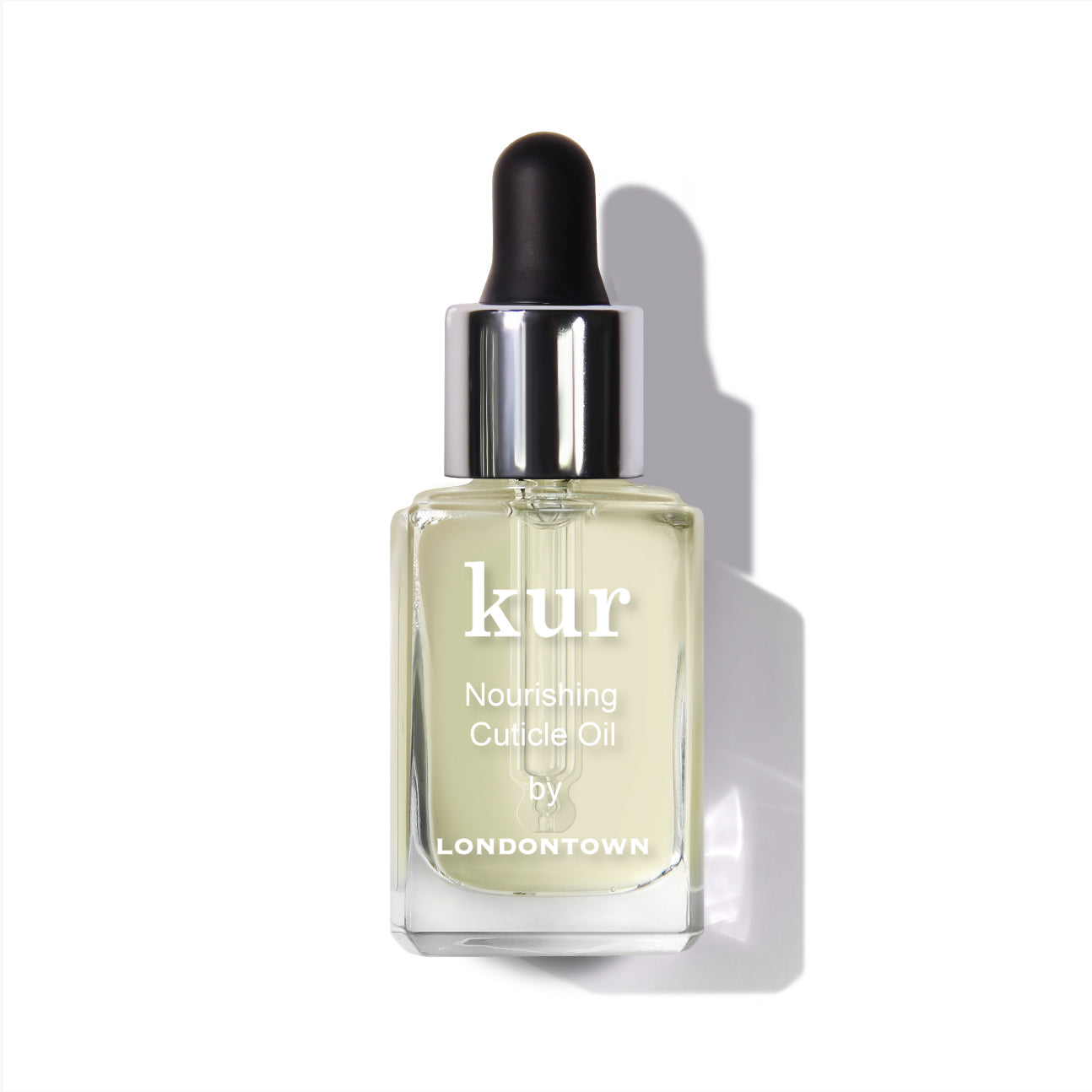 A transparent glass bottle with a black dropper cap, featuring the label "Nourishing Cuticle Oil by LONDONTOWN," enriched with Florium Complex for optimal nail restoration.