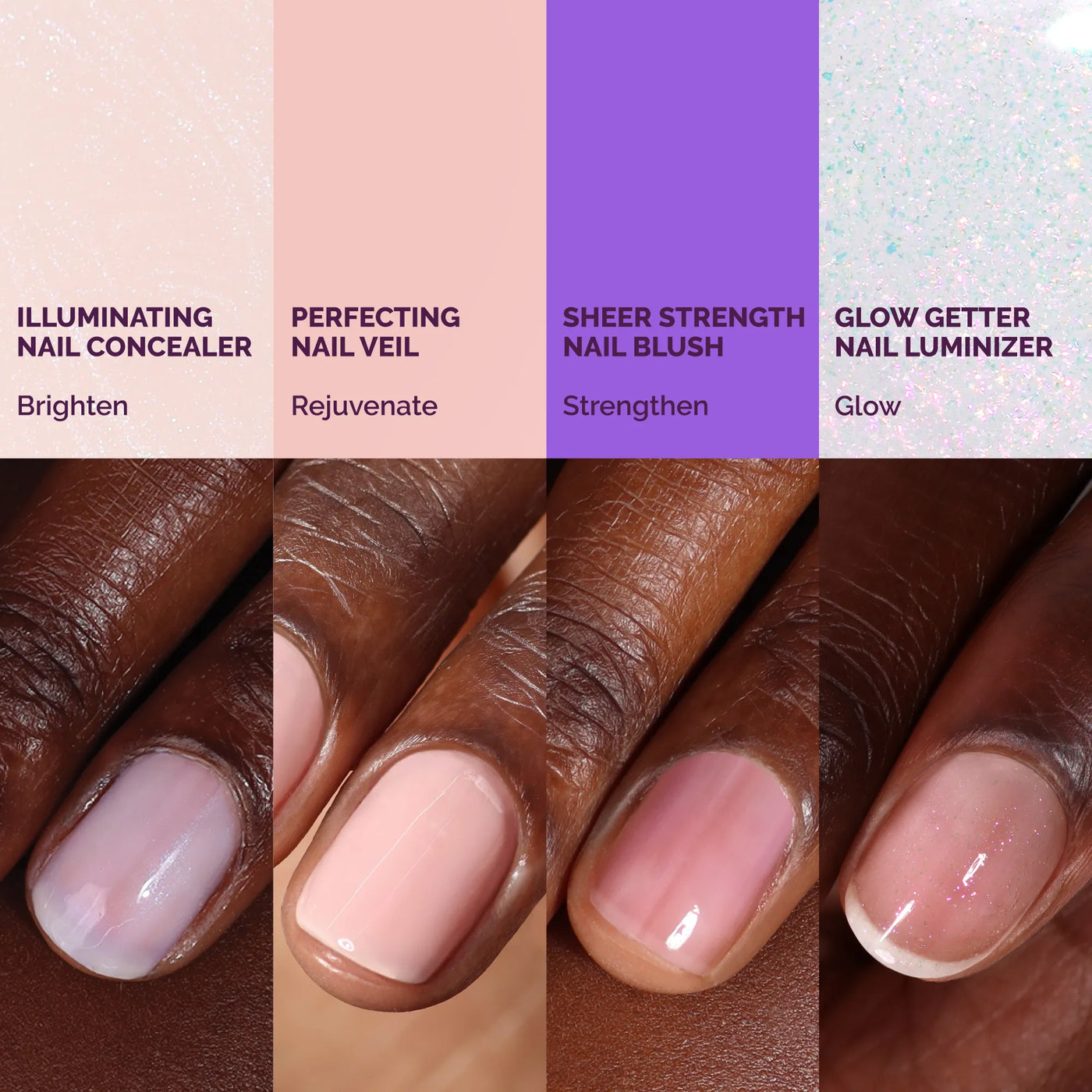 Four close-up images display LONDONTOWN’s One-Step Hero Minis on nails—Concealer (brighten), Veil (rejuvenate), Blush (strengthen), and Luminizer (glow)—each delivering color and care for a polished, healthy finish.