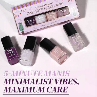 Four bottles of LONDONTOWN One-Step Hero Minis are shown with a boxed set, offering quick, minimalist manicures—ideal for anyone who wants both color and care in their beauty routine.