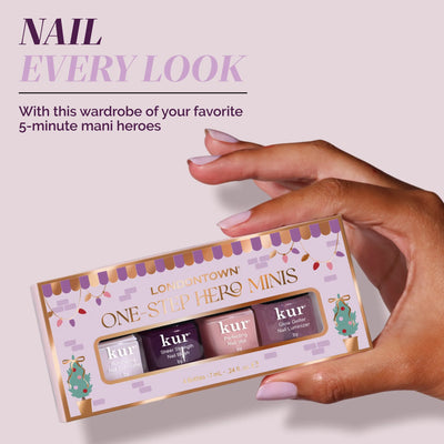 A manicured hand holds a LONDONTOWN One-Step Hero Minis box with four nail polishes, described as 5-minute manicure essentials that combine color and care.