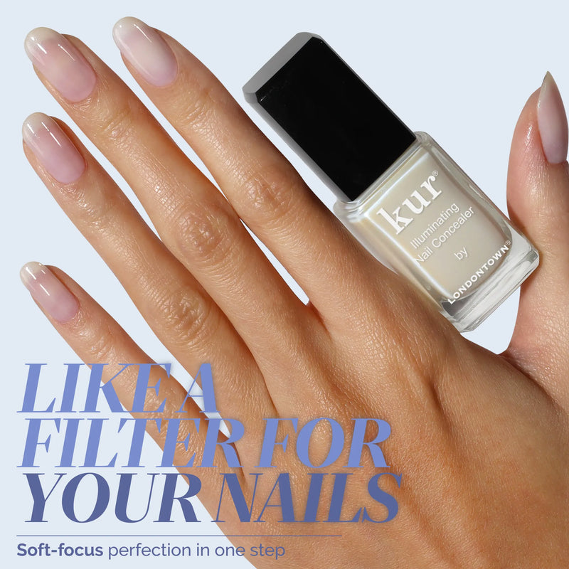 A hand with manicured nails holds a bottle of LONDONTOWN Original Illuminating Nail Concealer—a nail brightener—against a light background. Text reads: "LIKE A FILTER FOR YOUR NAILS." Perfect for dull nails!.
