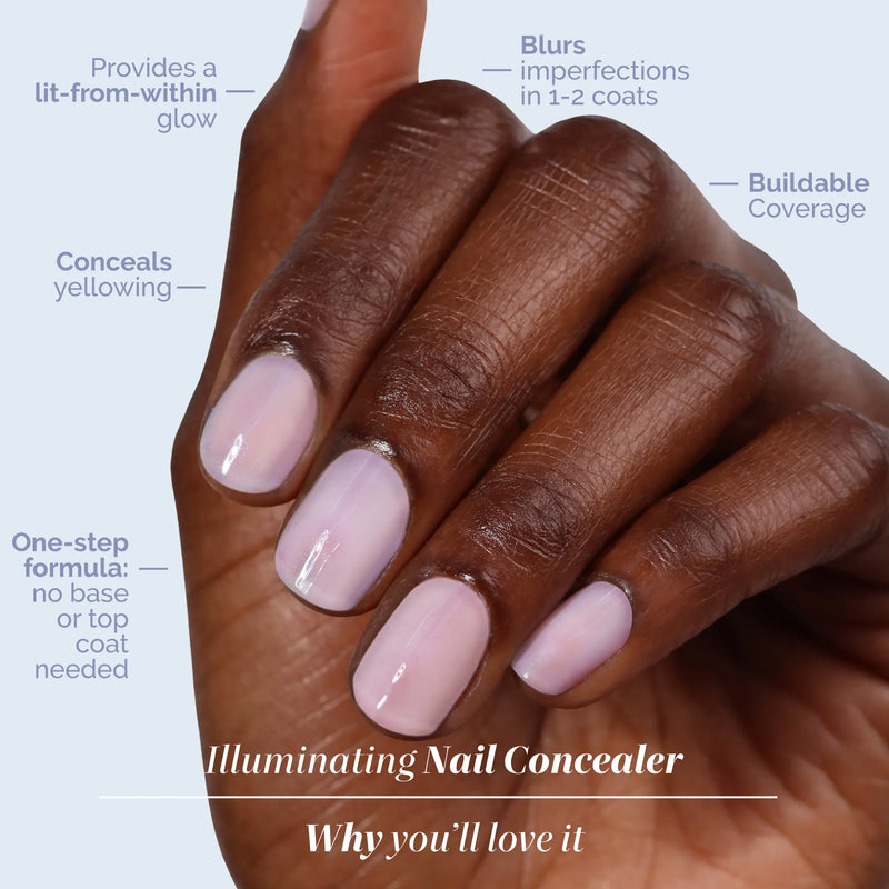 A hand with neatly manicured, light pink nails showcases LONDONTOWN’s Original Illuminating Nail Concealer for dull or discolored nails, with descriptive text highlighting its brightening features.