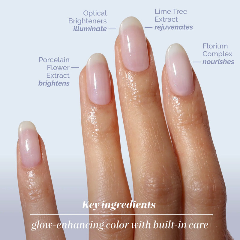 A close-up of a manicured hand highlights LONDONTOWN's Original Illuminating Nail Concealer, featuring optical brighteners, lime tree extract, florium complex, and porcelain flower extract to revive and brighten dull nails.