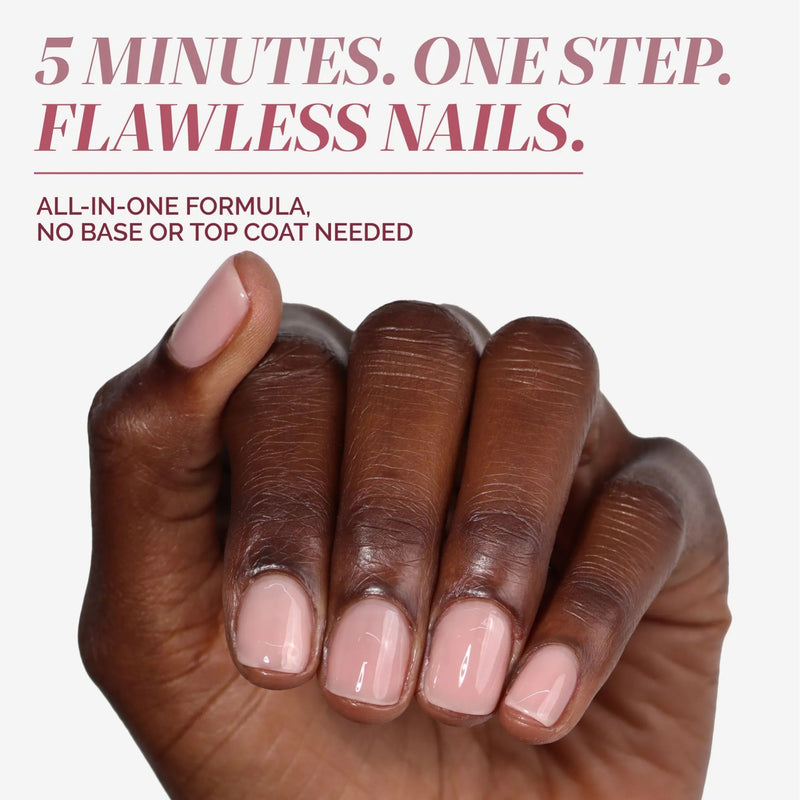 A hand with neatly manicured nails painted in Perfecting Nail Veil #4 by LONDONTOWN, a 5-minute, one-step all-in-one nail formula that cares for nails and adds a light pink hue—no base or top coat needed.