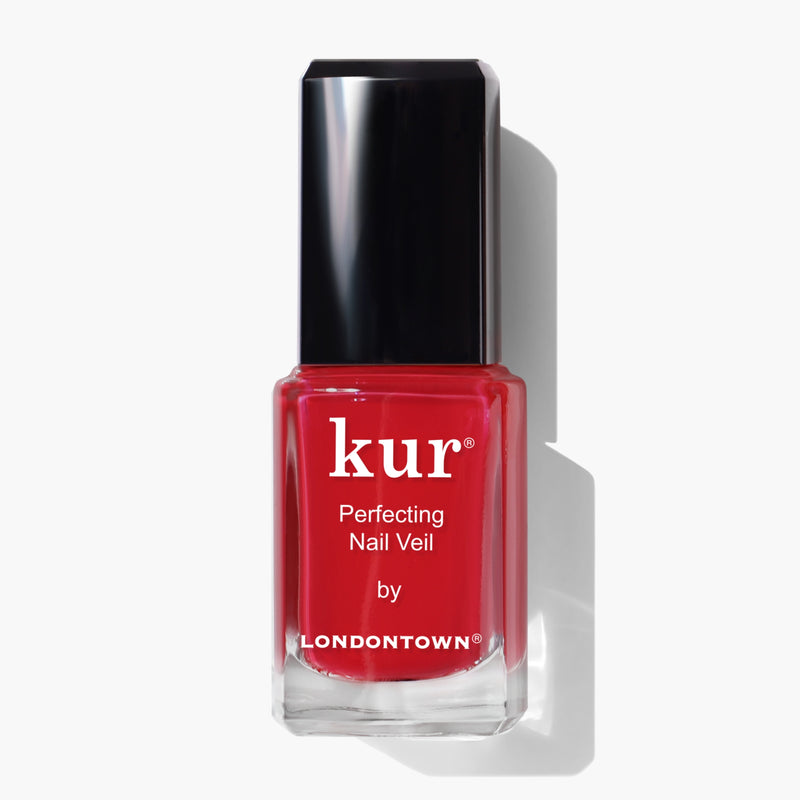 A vibrant red bottle of LONDONTOWN Perfecting Nail Veil #8, featuring a sleek black cap, is impeccably photographed against a crisp white background.