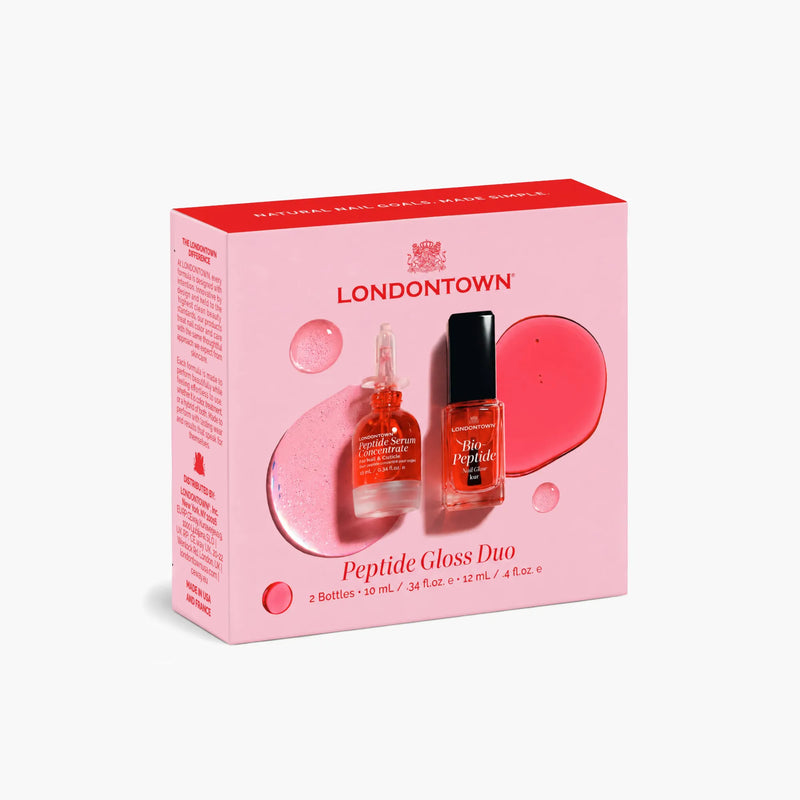Pink rectangular box containing a LONDONTOWN Peptide Gloss Duo, featuring an award-winning Peptide Serum and a bottle of nail polish, with product descriptions and images printed on the front.
