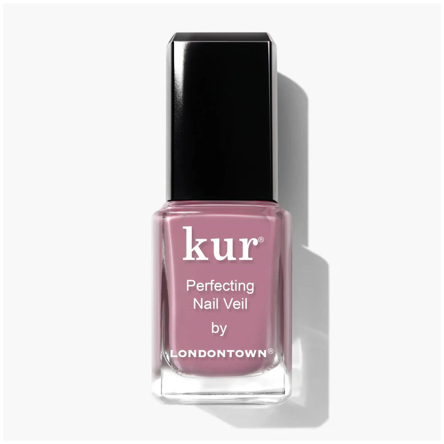 A bottle of LONDONTOWN Perfecting Nail Veil #11 with a black cap sits on a white background—an ideal match for your favorite tinted lip balm, creating a polished and coordinated look.