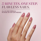 A hand with long, glossy, mauve nails is featured, radiating color and style, alongside text highlighting LONDONTOWN’s Perfecting Nail Veil #11—a 5-minute, one-step nail polish that needs no base or top coat for an effortless nail care upgrade.