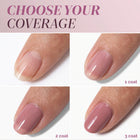 Four close-up images of a fingernail demonstrate the buildable coverage of LONDONTOWN’s Perfecting Nail Veil #11: bare nail, one coat, two coats, and three coats—each layer delivering increasing opacity, much like how tinted lip balm builds color and hydration with every swipe for nourishing care.