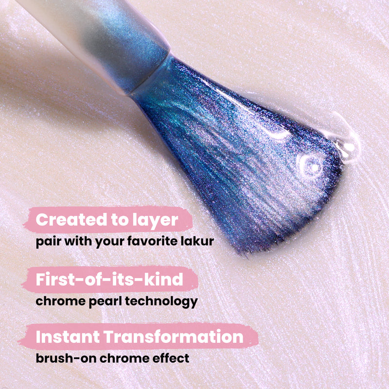 A close-up of the Pixi Chrome makeup brush by LONDONTOWN, featuring its stunning metallic blue and purple chrome glaze technology. The image highlights the brush's impressive layering ability and instant brush-on chrome effect, with text emphasizing the unique crème-to-chrome transition and standout product features.