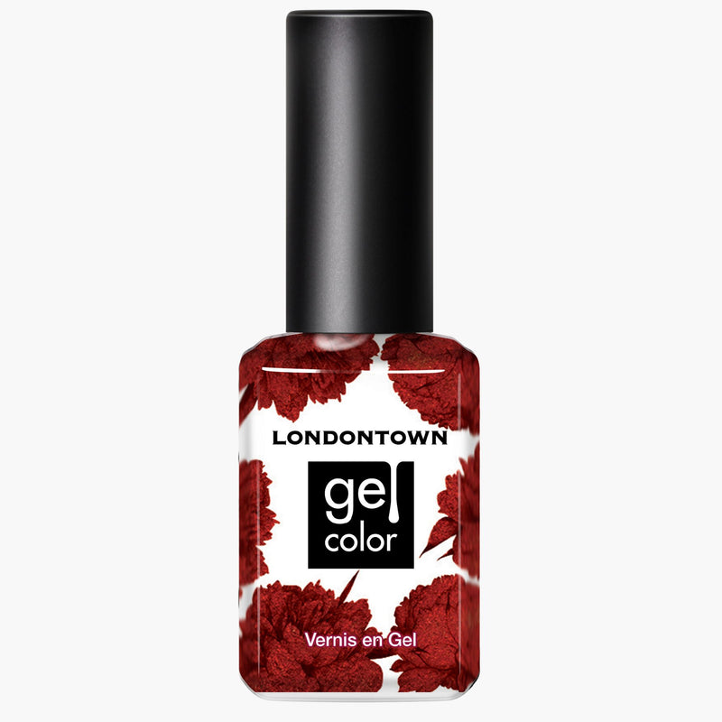 A bottle of LONDONTOWN Posh Forever gel color nail polish with a black cap, featuring a red floral design on the label and a hint of metallic cinnamon sheen.