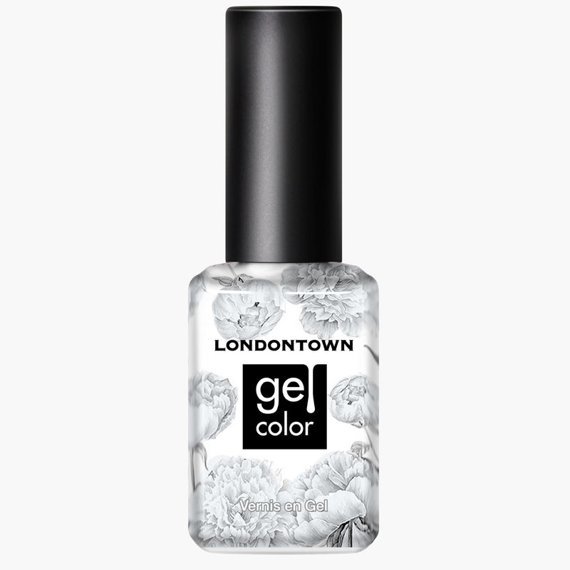 A bottle of LONDONTOWN Powder Gel Color nail polish with a black cap and floral design on the bottle, capturing the enchanting shimmer of chrome.
