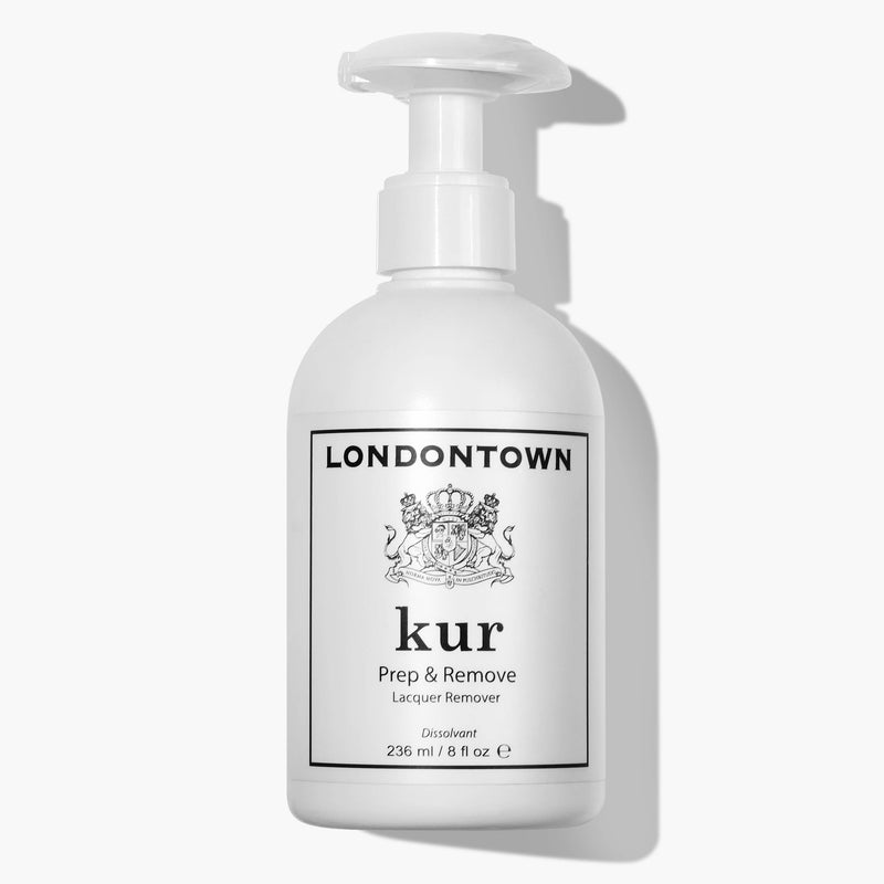 A white pump bottle labeled "LONDONTOWN Prep & Remove Lacquer Remover" is displayed against a plain background.