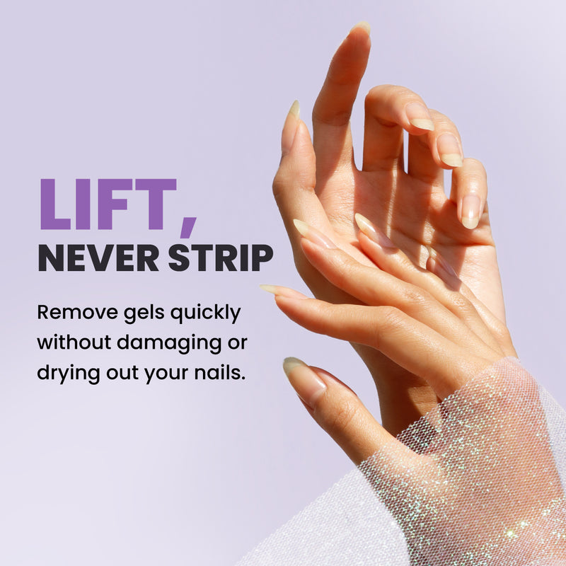 A pair of hands with long nails against a pale purple background with the text: "Prep & Remove Lacquer Remover by LONDONTOWN lifts gels quickly without drying or damaging natural nails.