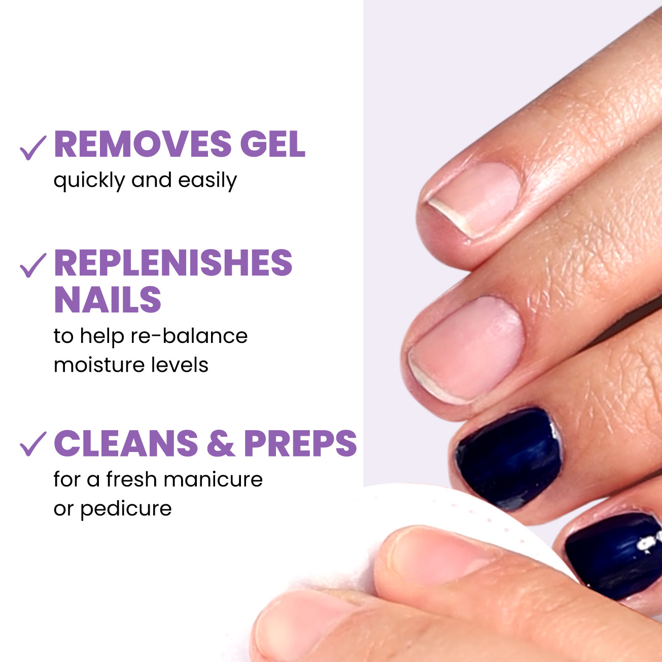 Close-up of hands with navy blue painted nails holding a card. Text on card: "Prep & Remove Acetone Lacquer Remover," "Replenishes Nails," "Cleans & Preps," each with a checkmark from LONDONTOWN.