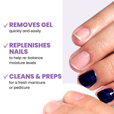 Close-up of hands with navy blue painted nails holding a card. Text on card: "Prep & Remove Acetone Lacquer Remover," "Replenishes Nails," "Cleans & Preps," each with a checkmark from LONDONTOWN.