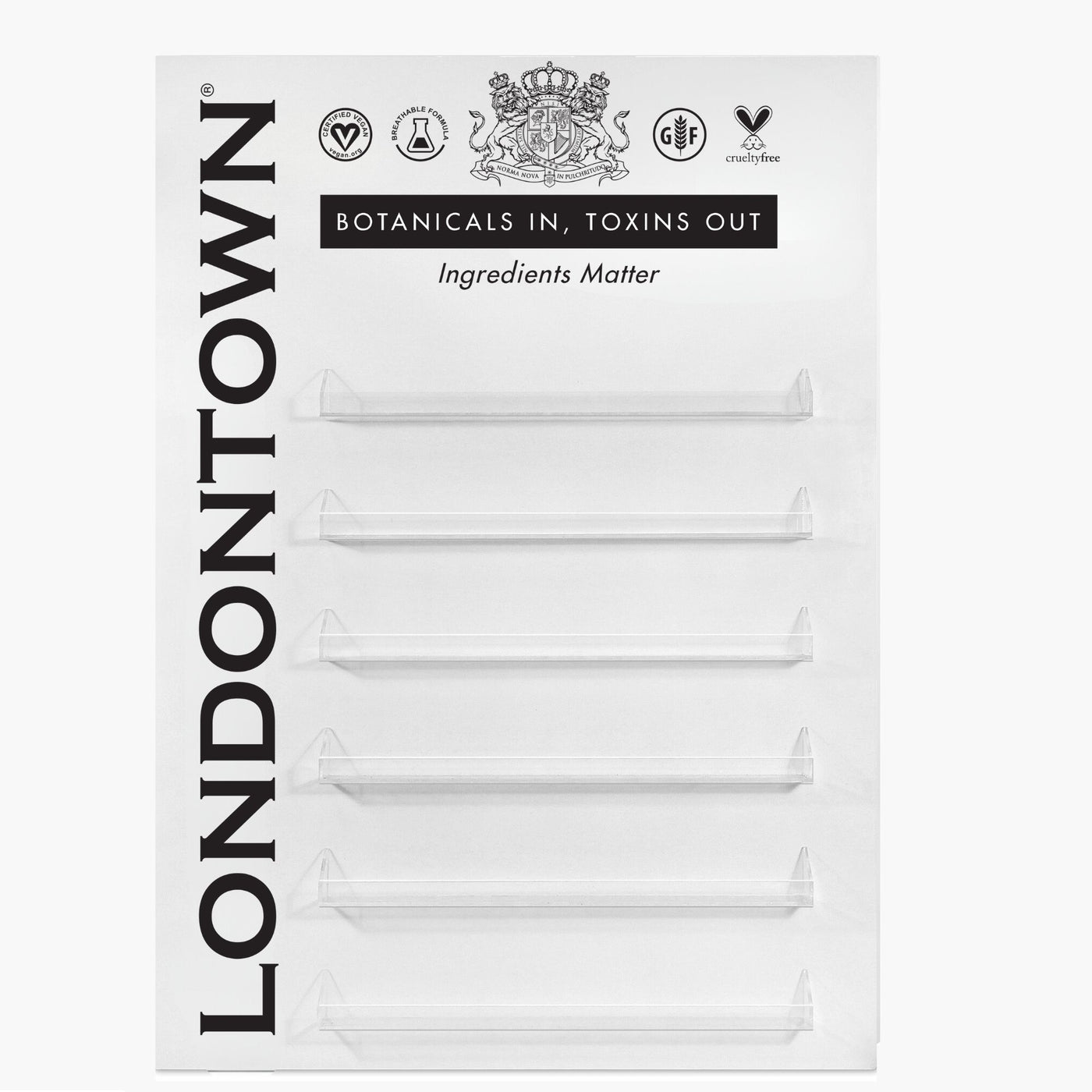 Packaging for the LONDONTOWN Professional Wall Display (Display Only) highlights botanical and toxin-free ingredients, features five compartments, and includes various certification symbols such as vegan and cruelty-free.