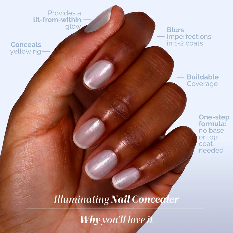 A hand with short, oval nails painted in LONDONTOWN's Quartz Illuminating Nail Concealer—a pearly polish with a soft gray glaze, glowing buildable coverage, and no need for base or top coat. Text highlights its effortless perfection.