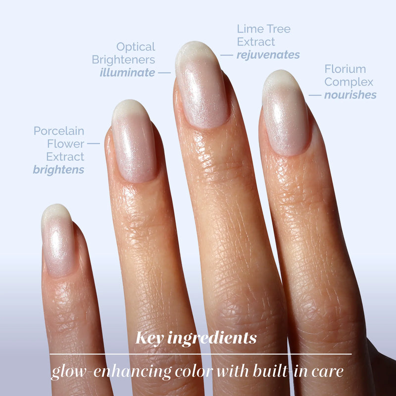 A hand with four manicured nails is shown, each labeled with a key ingredient in the LONDONTOWN Quartz Illuminating Nail Concealer: optical brighteners, lime tree extract, Florium complex, and porcelain flower extract for an ethereal look.