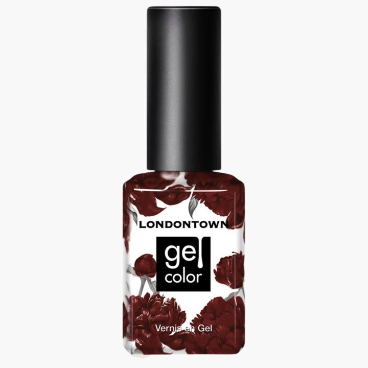 A bottle of LONDONTOWN Red Velvet gel color nail polish in a deep burgundy shade, featuring a black cap and a floral design on the label.