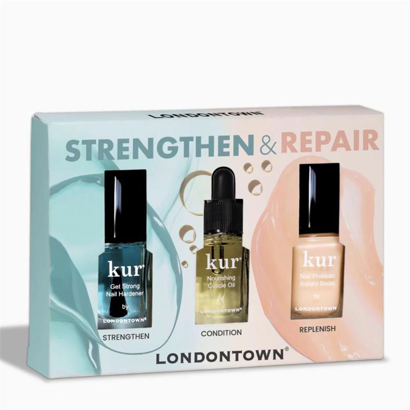 The LONDONTOWN Strengthen & Repair Trio is ideal for weak or brittle nails, featuring Get Strong Nail Hardener, Nourishing Cuticle Oil, and Nail Probiotic Konjac Boost.