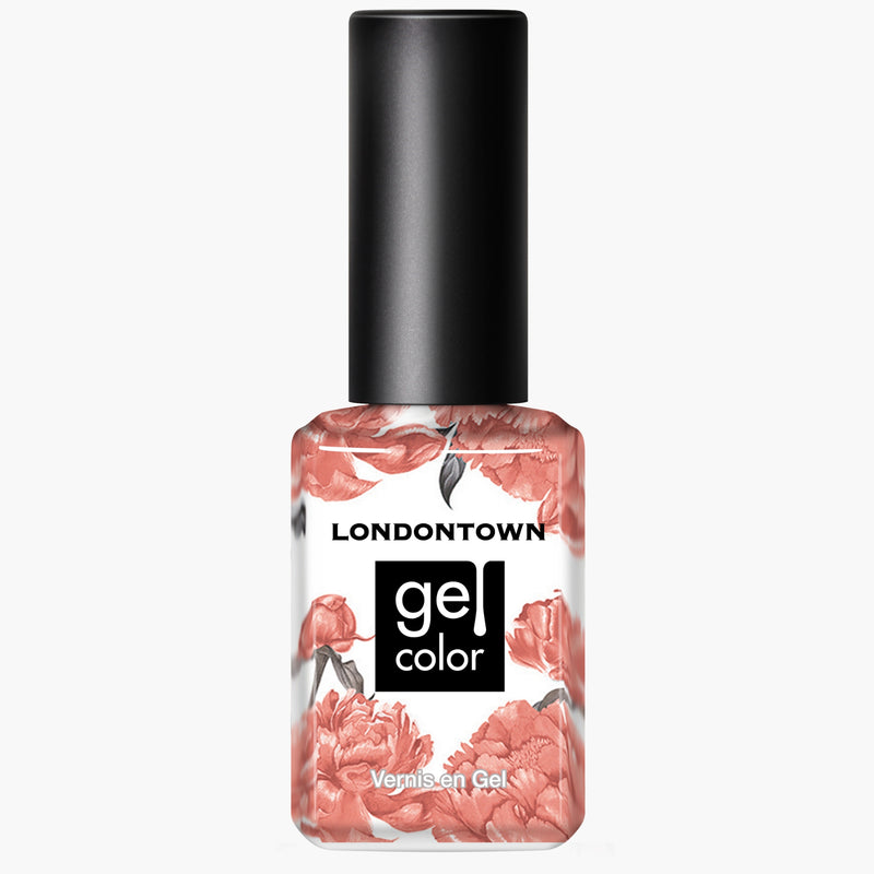 A bottle of LONDONTOWN Savanna gel nail polish with a black cap and muted floral design on the label.