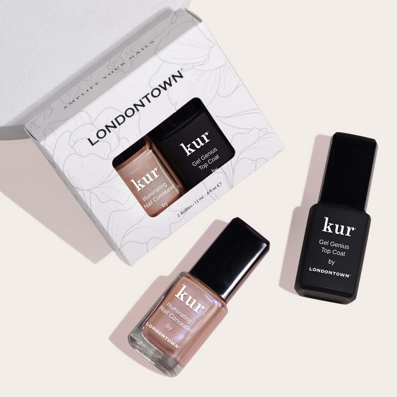 A LONDONTOWN product set includes a top coat and a nail concealer for naturally perfect nails. The black bottle is labeled "kur Gel Genius Top Coat" and the beige bottle is part of the "Conceal + Go Bare" collection.
