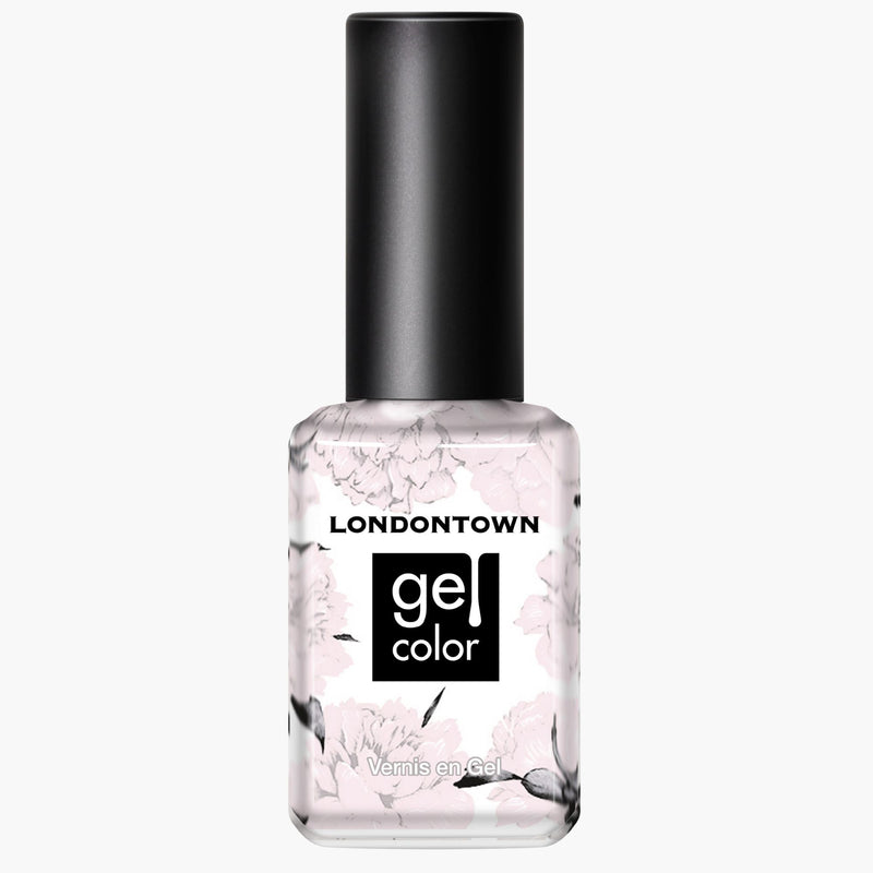 Bottle of LONDONTOWN Ski Bunny Gel Color nail polish with a white floral label and black cap, featuring a stunning pink-tinted cream shade.