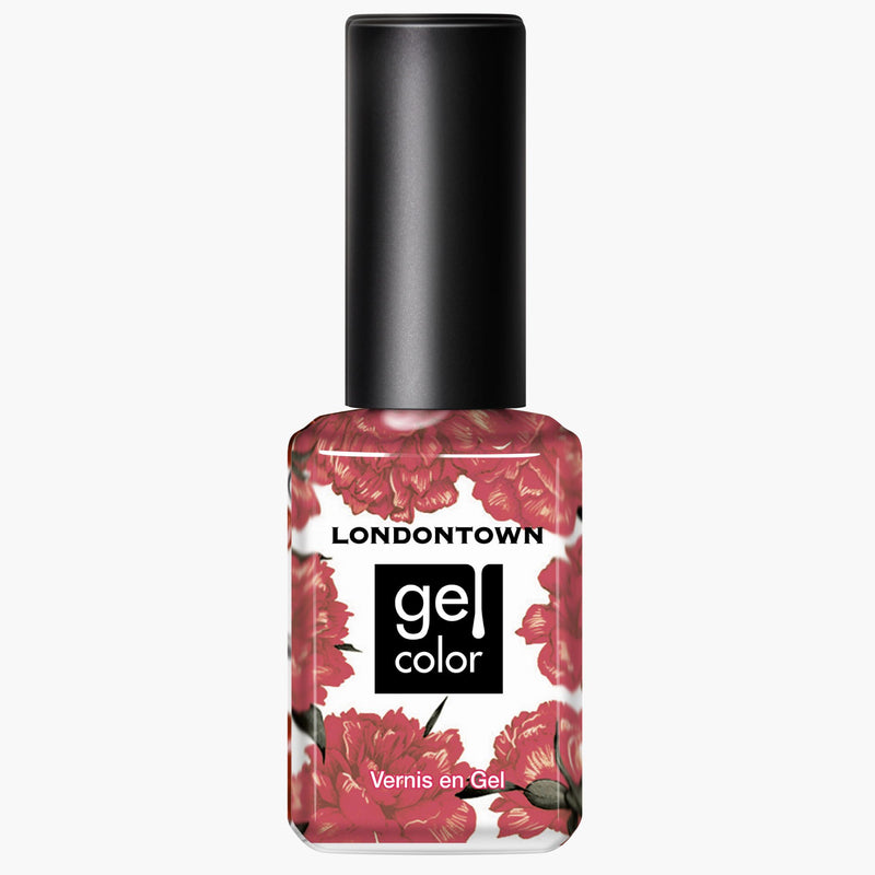 A bottle of LONDONTOWN Slopeside gel color nail polish with floral designs and a hint of rose on the label, featuring a chrome black cap and the text "Vernis en Gel.