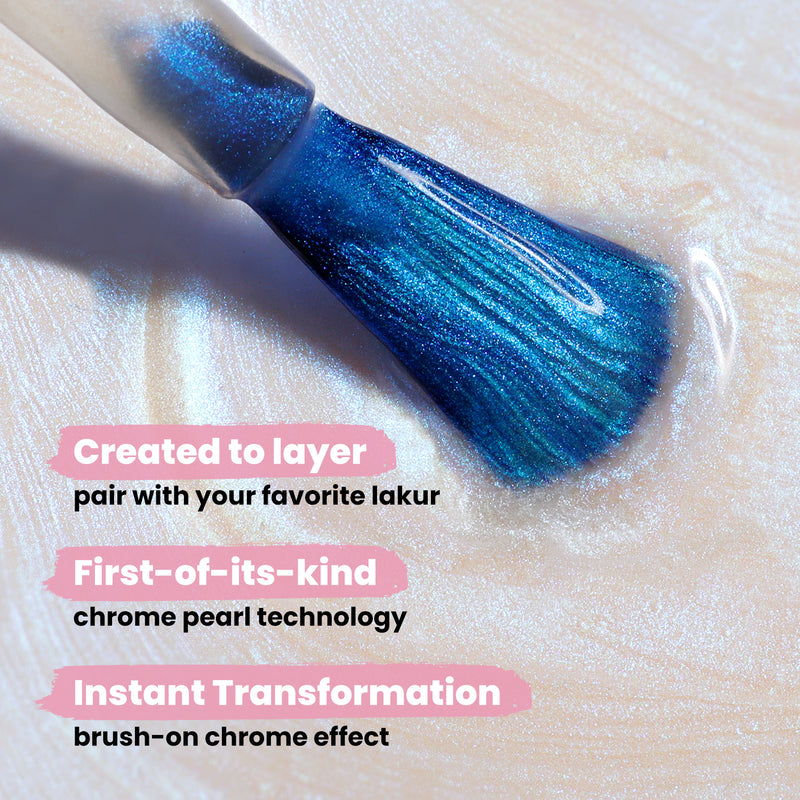 Close-up of a brush applying LONDONTOWN's Starry Chrome nail polish on a light, textured background. Text overlays highlight the product features: layering capability, crème-to-chrome transformation, chrome pearl technology, and instant lakur finish.