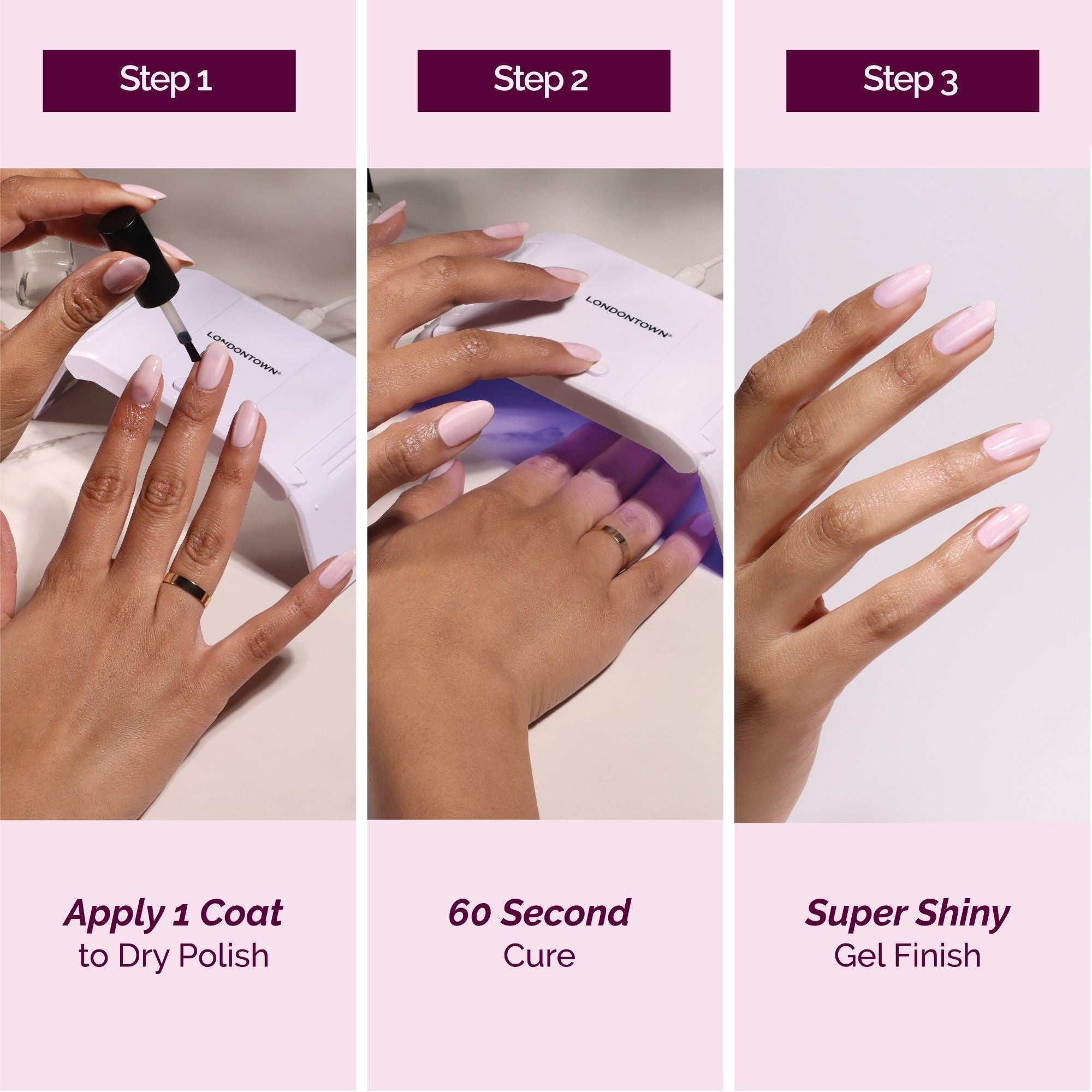 Three panels show an at-home gel mani with LONDONTOWN GelShift Top Coat: applying the polish, curing under a UV/LED lamp for 60 seconds, and showing off glossy finished nails.