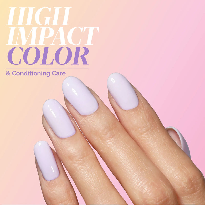 A hand with neatly manicured, calming Sweet Dreams by LONDONTOWN nails is shown against a pink gradient background with the text "HIGH IMPACT COLOR & Conditioning Care.
