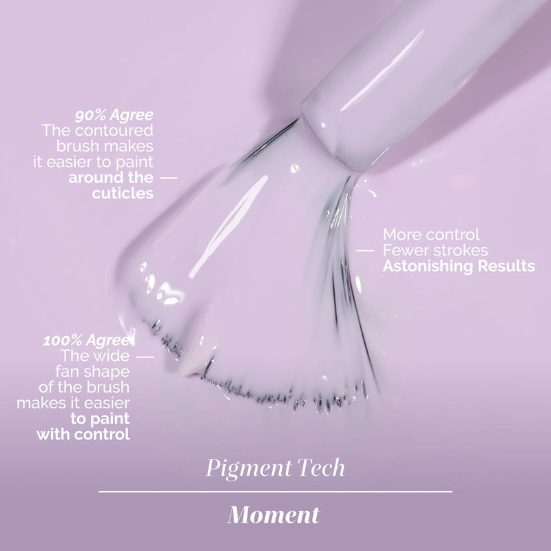 A close-up of LONDONTOWN's Sweet Dreams wide, contoured brush applying soothing pale lavender polish, with text highlighting its ease of use, control, and precise application.