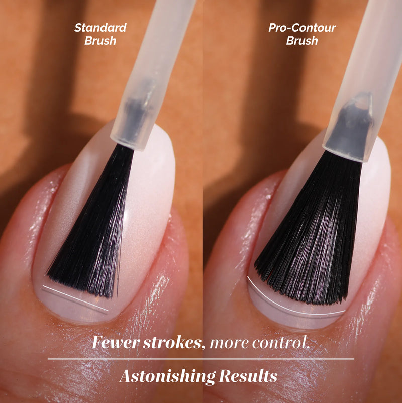 Side-by-side comparison of LONDONTOWN's Sweet Dreams nail polish applied with a standard vs. pro-contour brush, highlighting differences in coverage and control, all in soothing lavender tones for a comforting manicure experience.