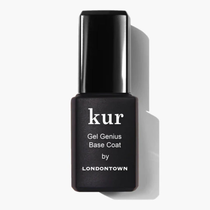 A black rectangular bottle labeled "Gel Genius Base Coat" by LONDONTOWN, an essential nail primer and polish base, is placed on a light background with its shadow visible to the right.
