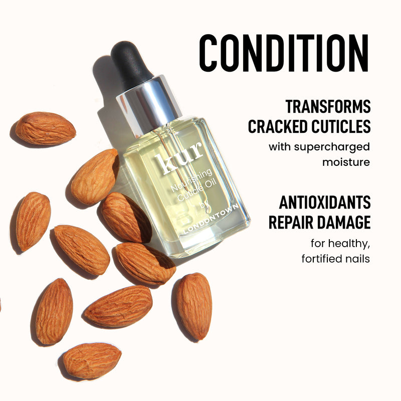 A set of LONDONTOWN Strengthen & Repair Trio is surrounded by almonds, with text highlighting its moisturizing and antioxidant benefits that help improve nail strength and restore brittle nails.