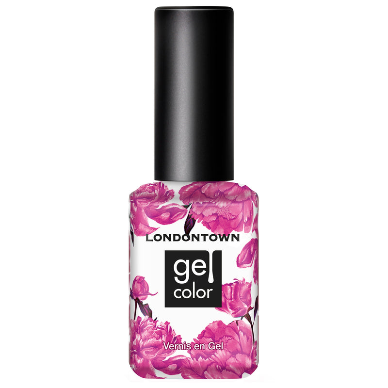 A bottle of LONDONTOWN Teeny 'Kini Gel Color nail polish featuring a black cap and a floral decorative design in shades of pink, reminiscent of a fruity sangria.