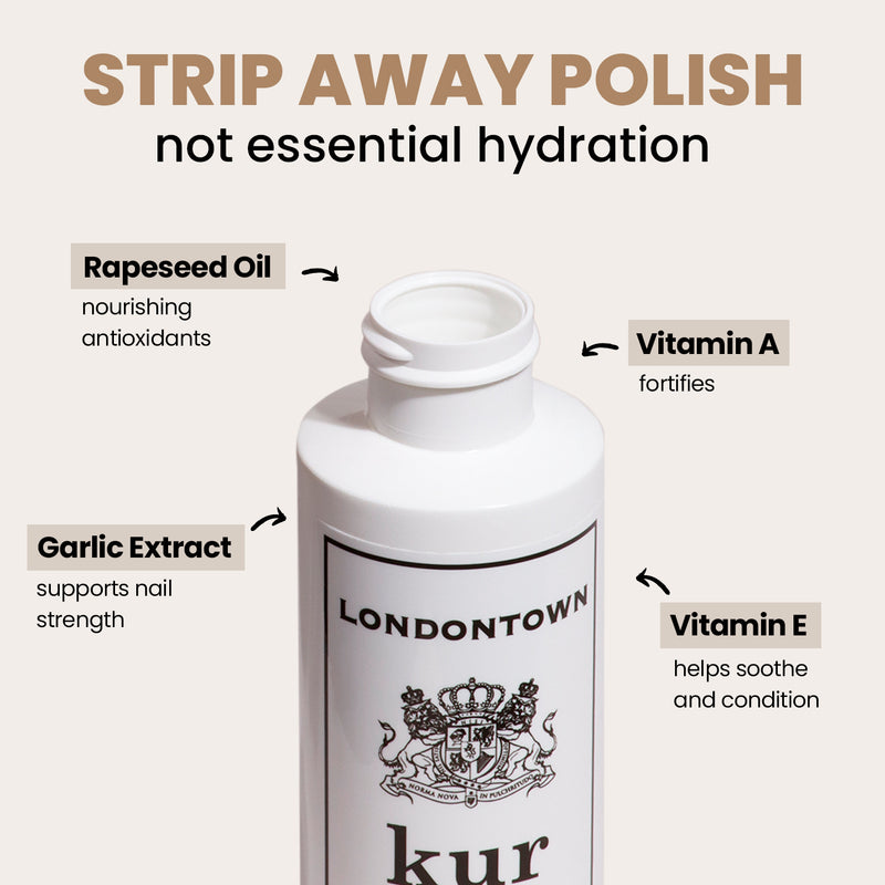 Image of a LONDONTOWN Strengthening Lacquer Remover bottle with text focusing on its ingredients: Rapeseed Oil, Garlic Extract, Vitamin A, and Vitamin E, each detailed for their benefits.