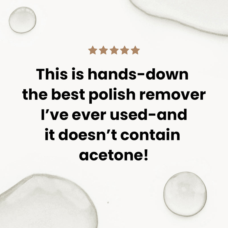 Text with five stars says, "This is hands-down the best LONDONTOWN Strengthening Lacquer Remover I've ever used—and it doesn’t contain acetone!" Background features abstract shapes.